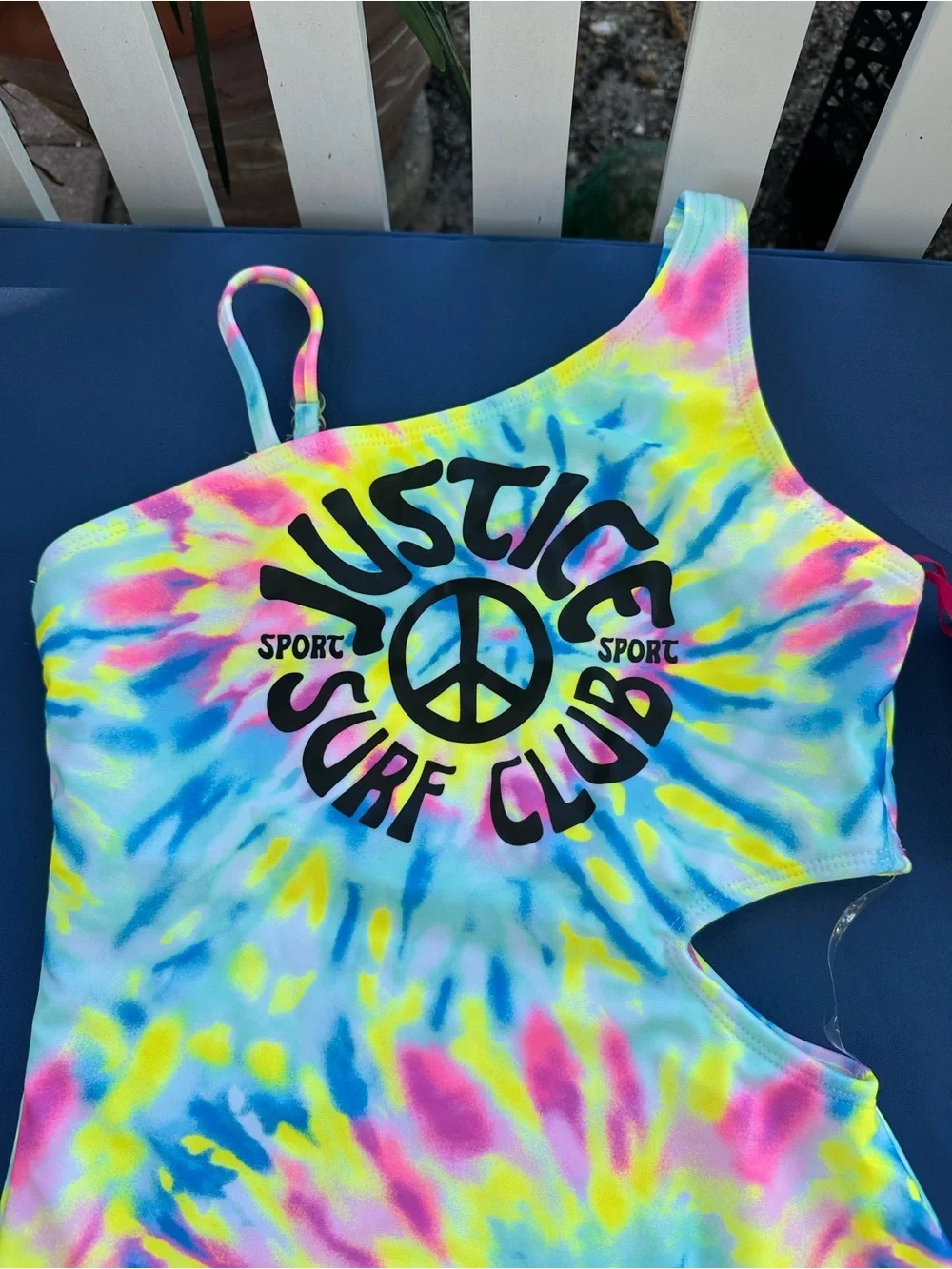 NWT Justice Tie-Dye One-Shoulder Swimsuit in Neon Blue, Yellow & Pink Size 12-14